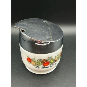 VTG Gemco Spice of Life Le Sucrier Milk Glass Sugar Bowl‎ Chrome Flip Lid USA